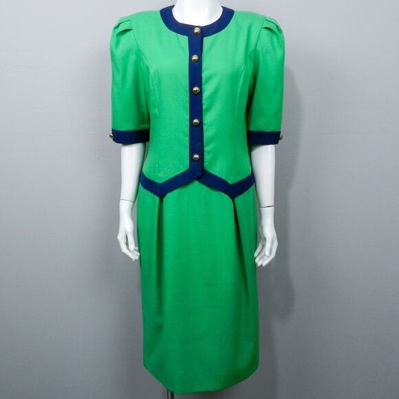 Vintage 80s Dress David Warren Women’s Size 10 Green Retro Twee Preppy Career - Picture 2 of 11